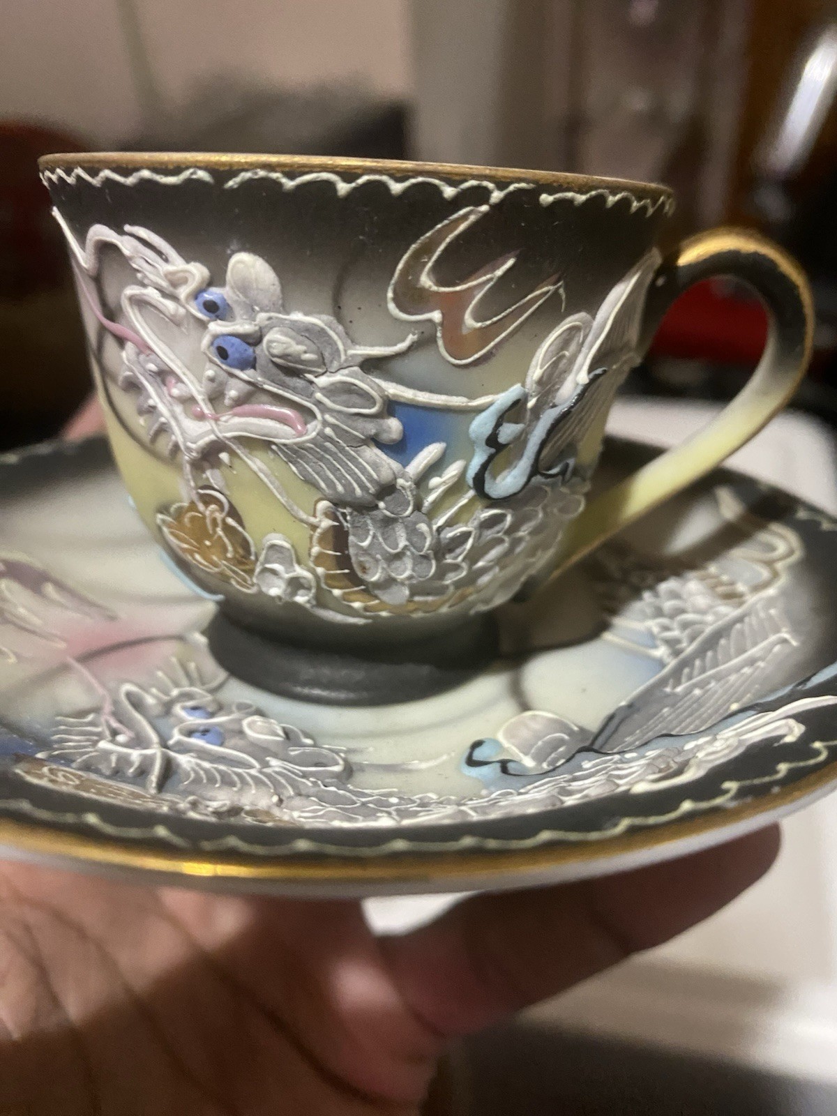Vintage Dragonware Blue Eye Moriage Tea Cup And Saucer Japan
