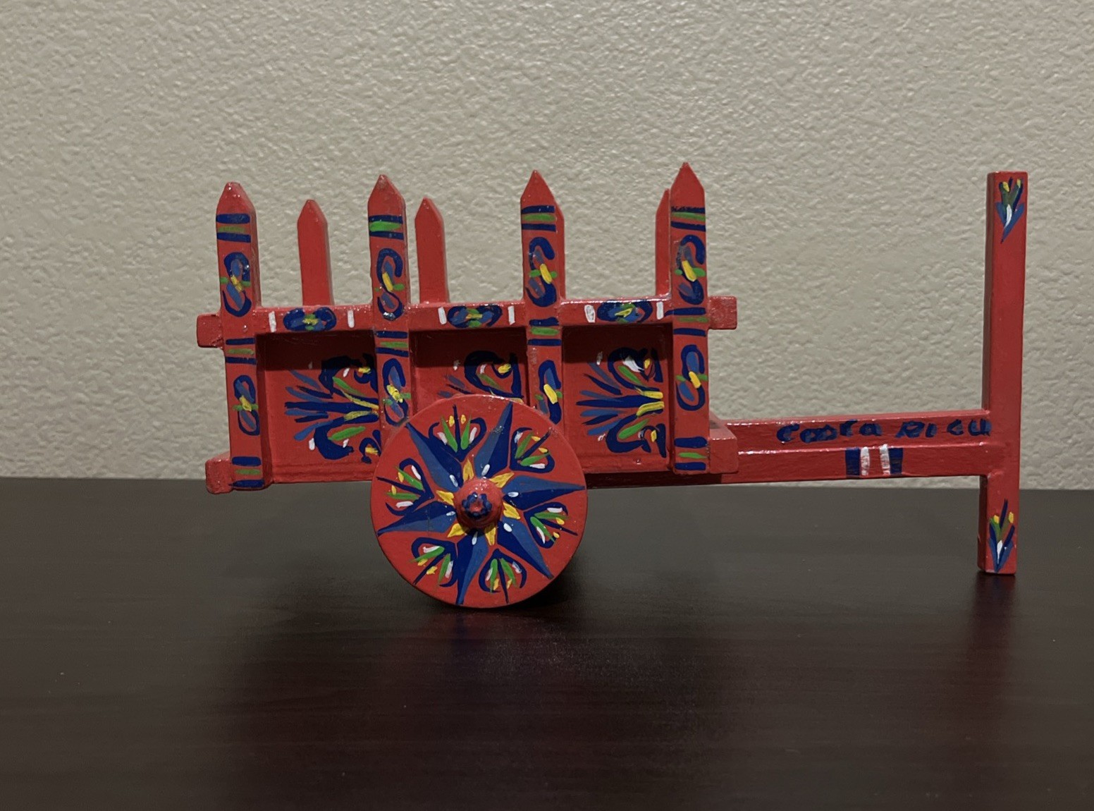 VTG Handcrafted Wood FOLK ART  Wagon Ox Cart Red Blue Floral Hand Painted 11.5” 