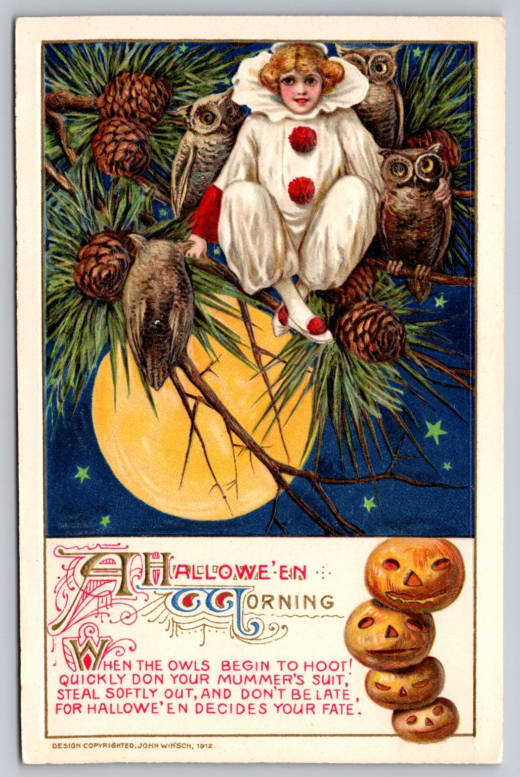 Vintage Winsch Halloween Postcard Pierrot Clown Owls Pumpkin Design Vintage Winsch Halloween Postcard Pierrot Clown Owls Pumpkin Design