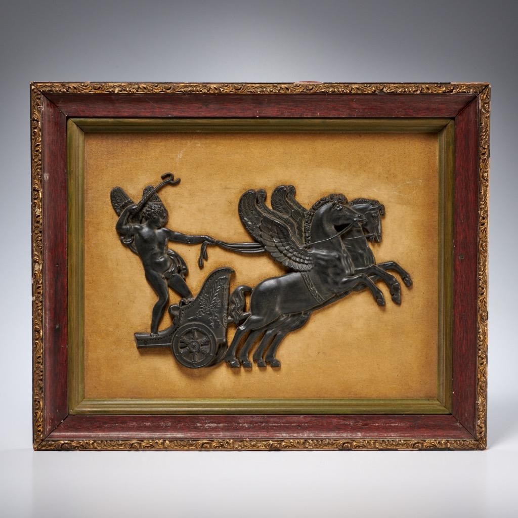 Vintage Framed Bas‑Relief Picture Frame Chariot Sculpture Winged Horses Figure