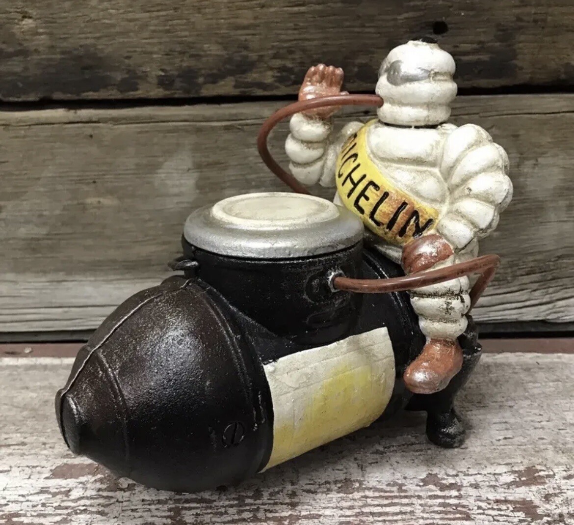 Michelin Man Bibendum on Air Compressor Hollow Cast Iron Advertising Model