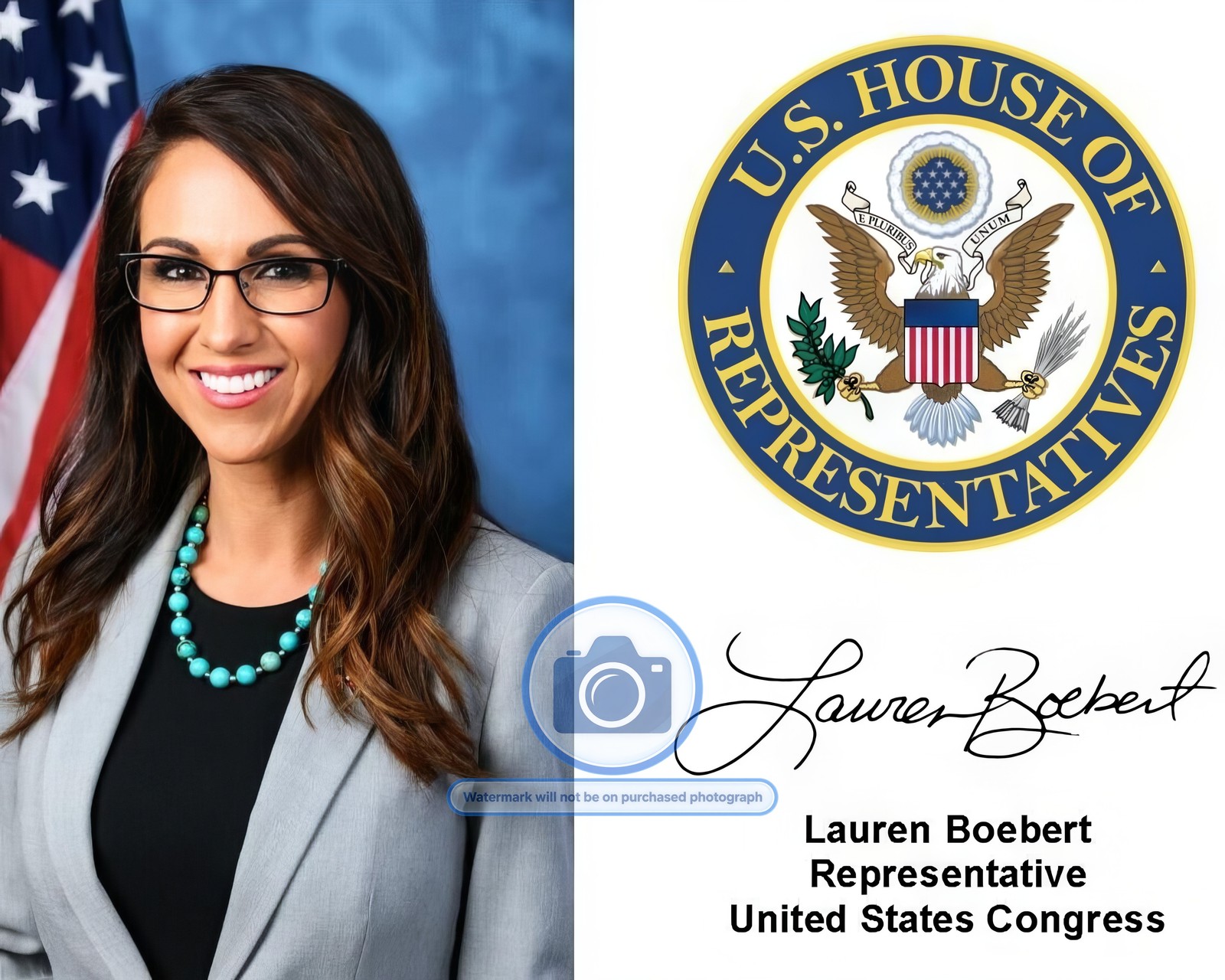LAUREN BOEBERT US HOUSE OF REPRESENTATIVES SEAL AUTOGRAPHED 8X10 PHOTO