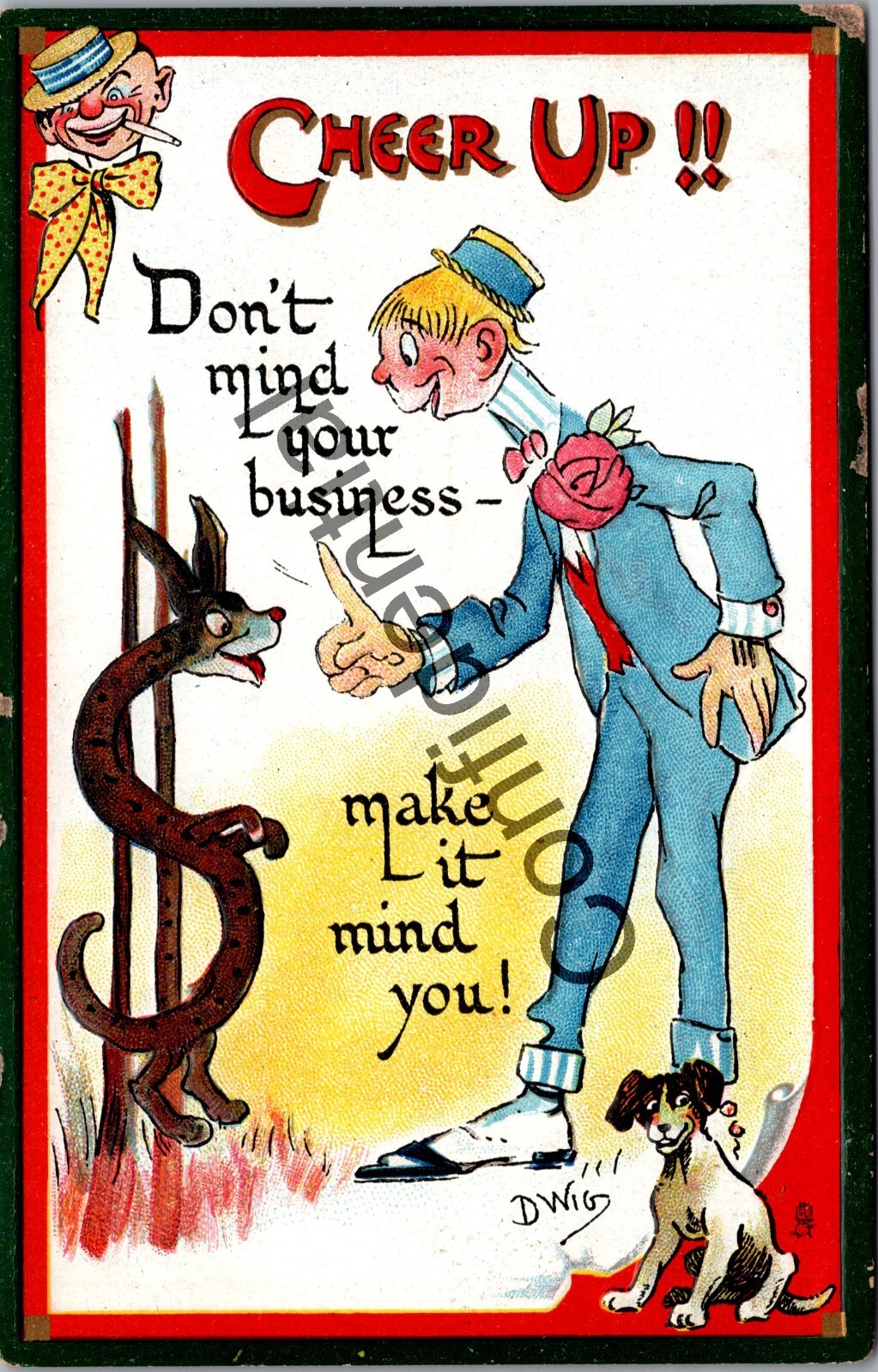 Vintage Artist Signed Dwig Cheer Up w/ Bouvier Buchu Gin Ad Embossed Tucks N362