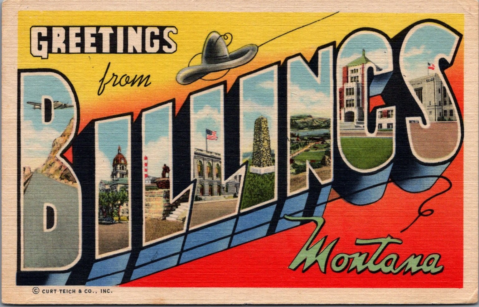 Greetings from Billings Montana Linen Postcard Curt Teich 1940s Yellowstone Greetings from Billings Montana Linen Postcard Curt Teich 1940s Yellowstone