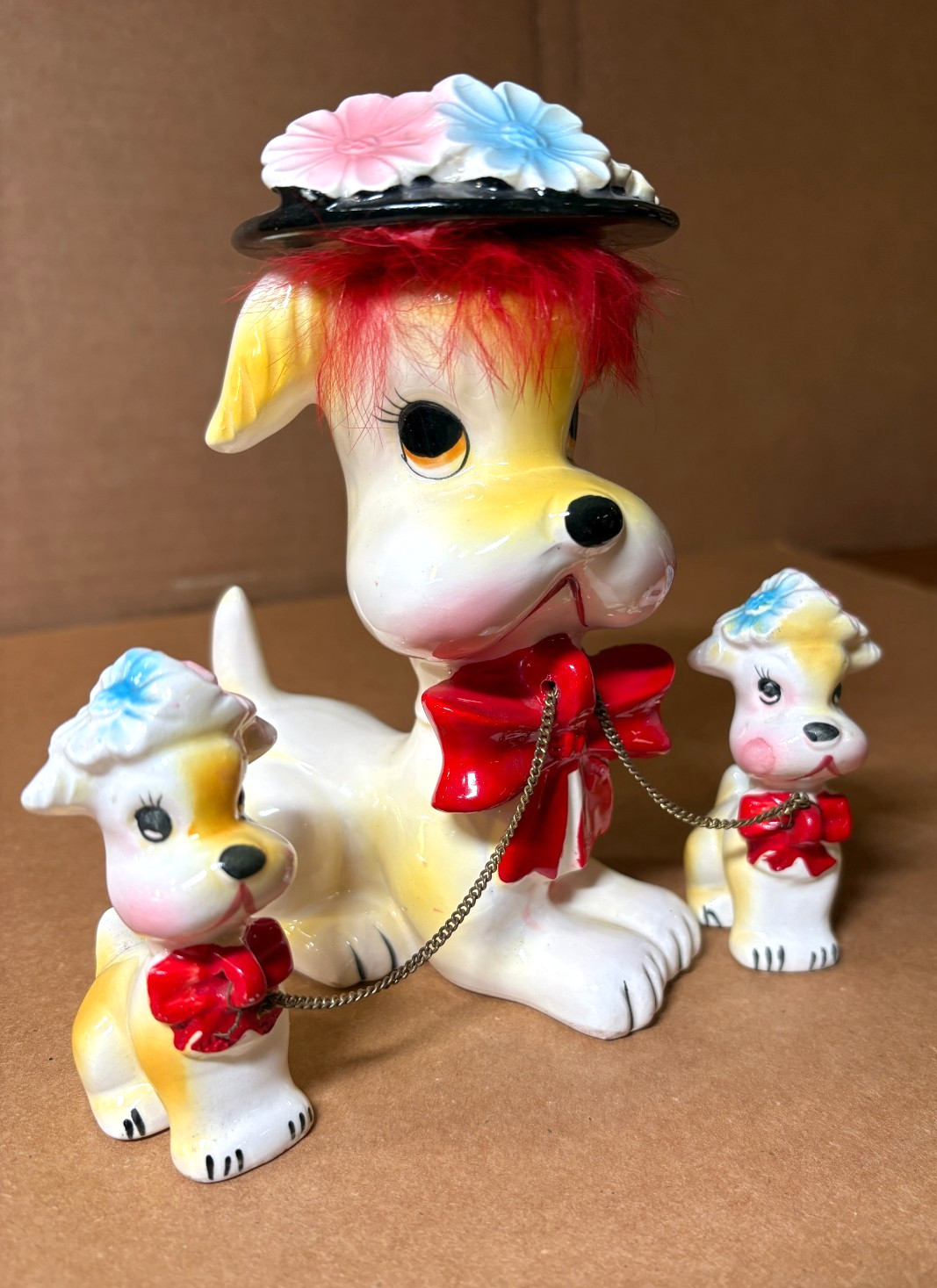 Set of Vintage Lipper Mann Arnart Style Mama Dog & 2 Puppies Chained Wales Japan Set of Vintage Lipper Mann Arnart Style Mama Dog & 2 Puppies Chained Wales Japan