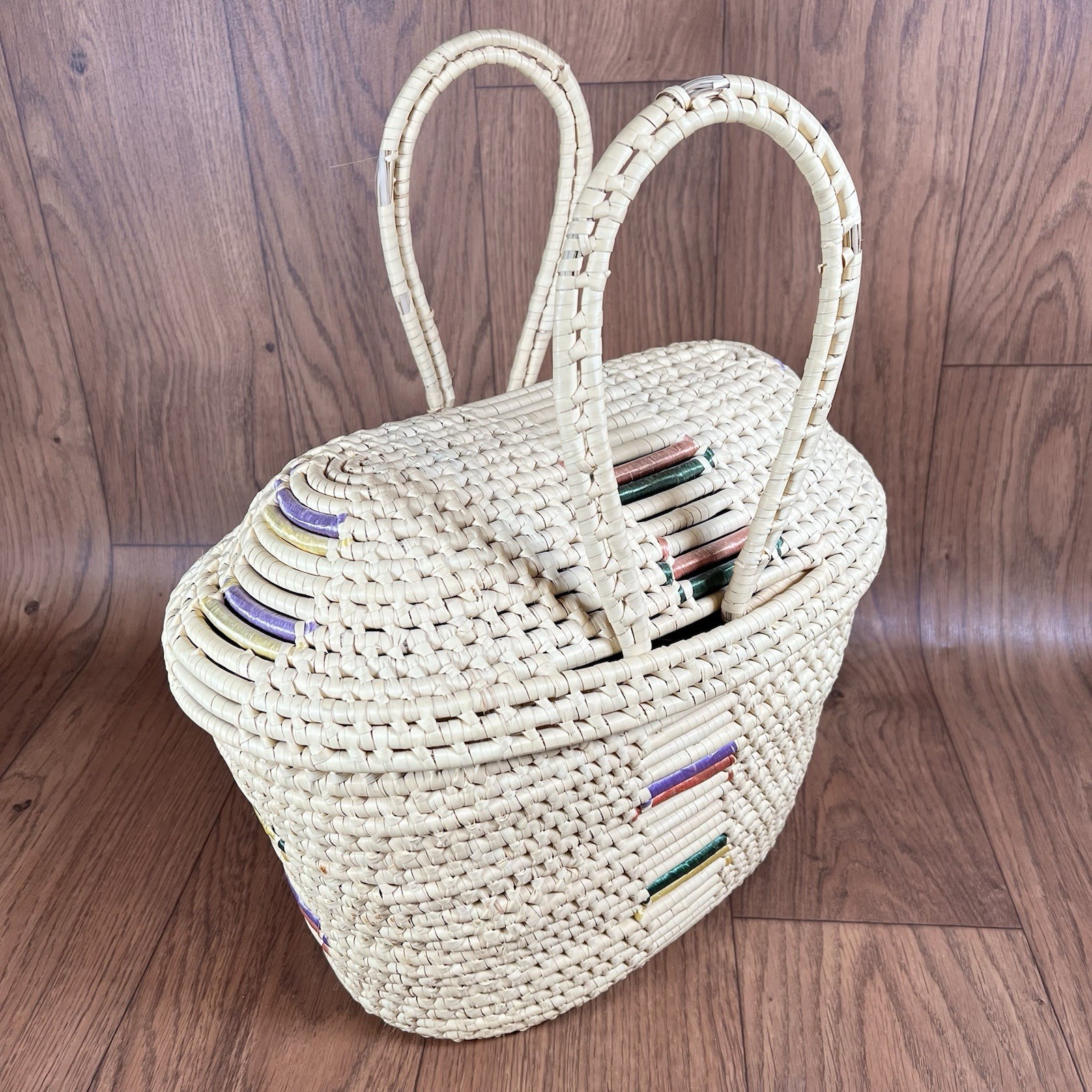 Handmade Oval Woven Coiled Basket w/ Handles, Lid & Color Accents  16” 14