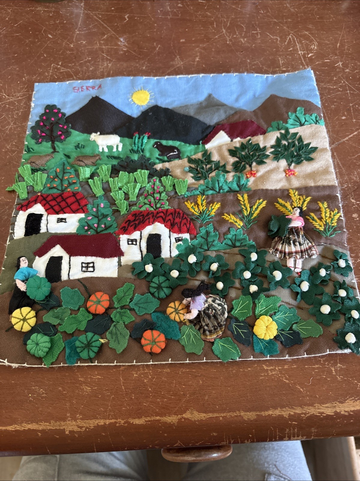 Peruvian Handmade Arpillera Colorful Fabric Tapestry 10” x 10” Harvest Time 3D