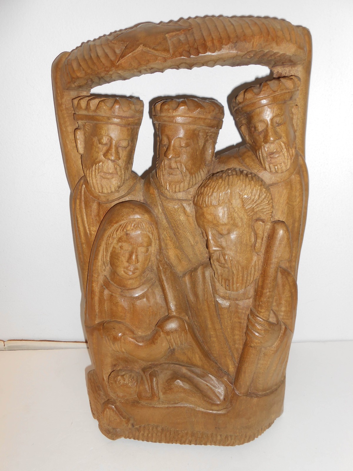Vintage Hand Carved Teak Nativity Scene Wall Plaque Holy Family, 3 Kings signed Vintage Hand Carved Teak Nativity Scene Wall Plaque Holy Family, 3 Kings signed
