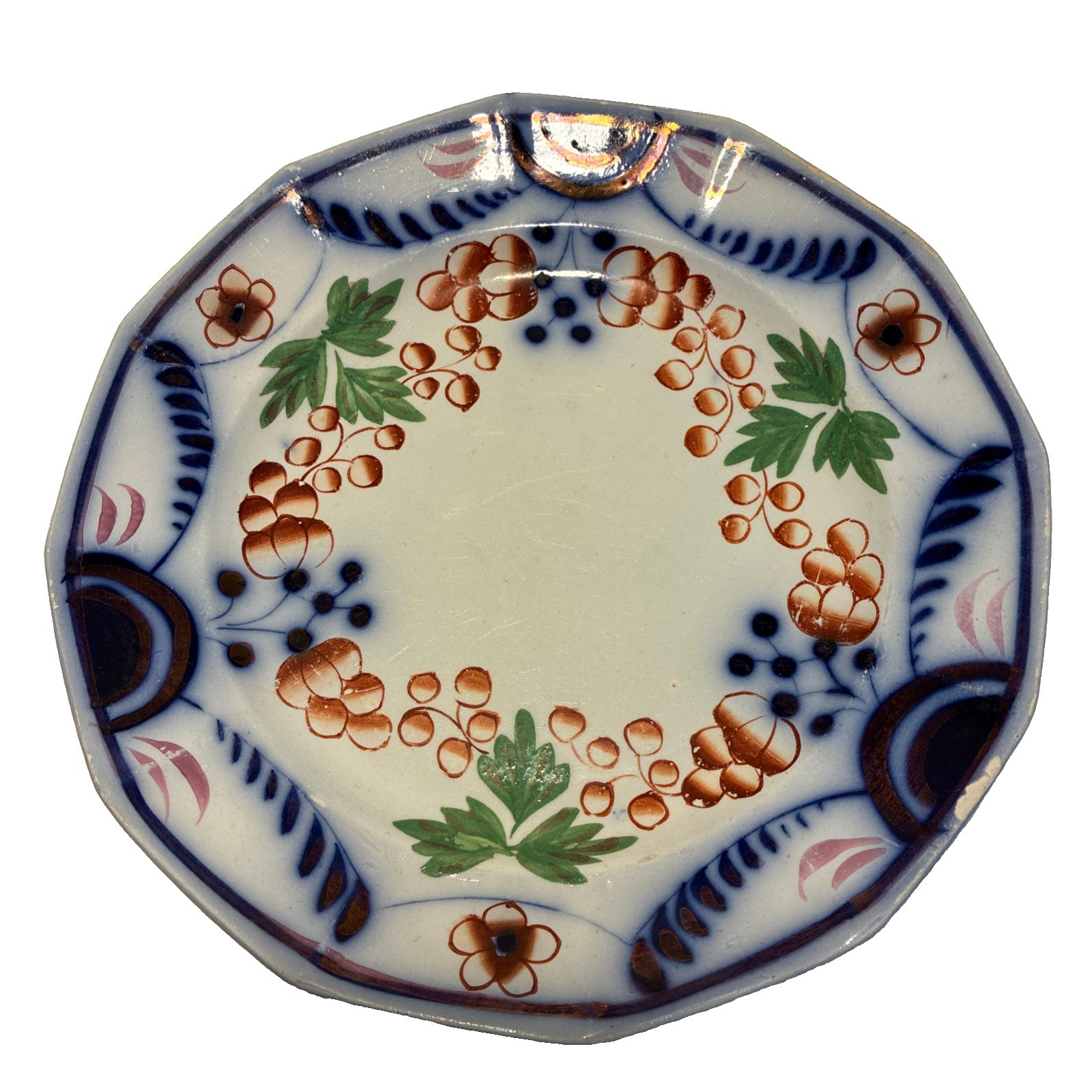 Antique Staffordshire Gaudy Welsh 7.5” Dodecagon Plate Ironstone Blue/Red Floral