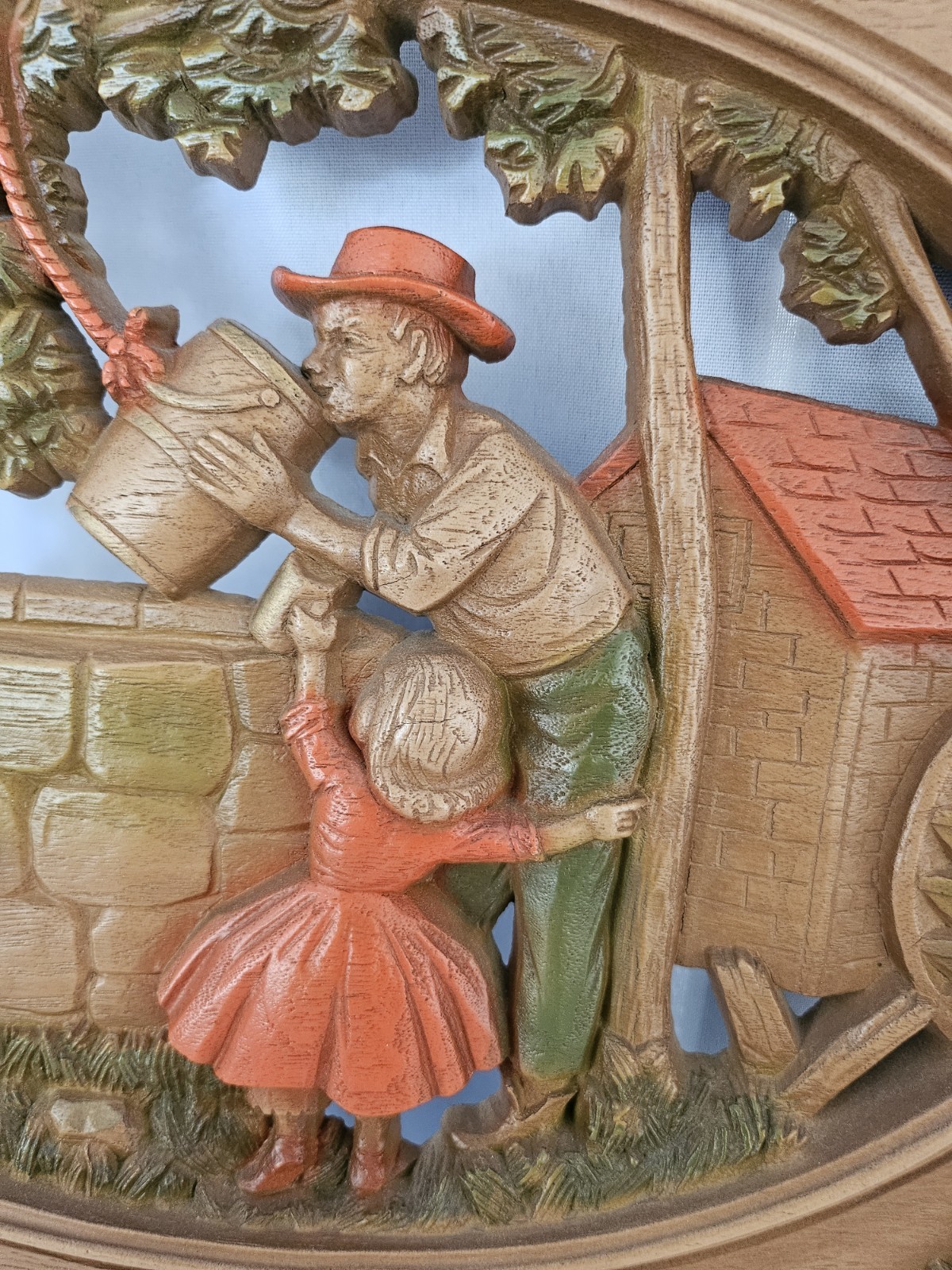 Vintage Burwood 3D Wall Plaque Man Girl Drinking Well Water USA Mid Century 