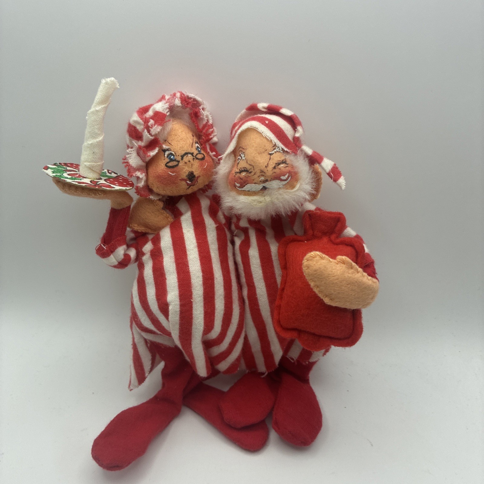 Annalee 1967 Santa & Mrs. Claus Red White Striped Fabric Christmas Figurines 6
