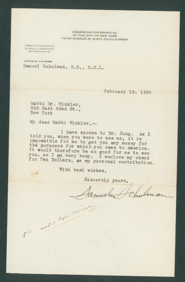 Rabbi Samuel Schulman 1932 Signed Letter Reform Leader, Emanu-El, CCAR President