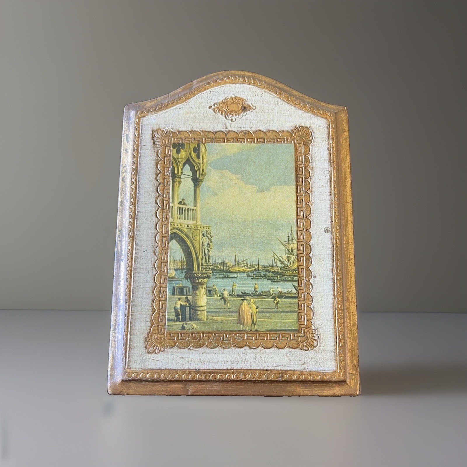 Vtg Italian Florentine Arch Top Wood Wall Plaque Harbor Scene Nautical 5x7