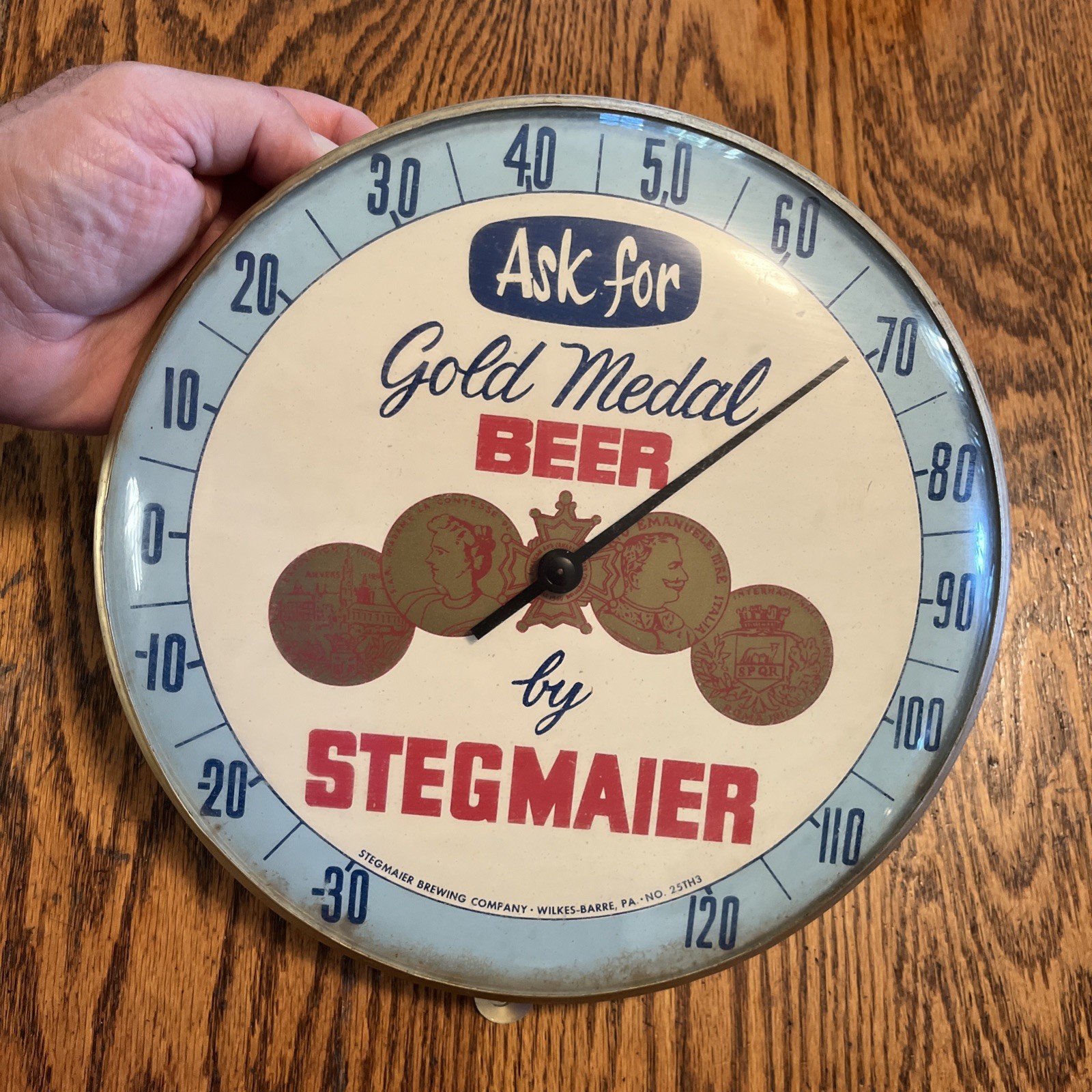 Vintage STEGMAIER Beer Glass Metal 1950s Round Thermometer Works PA Advertising