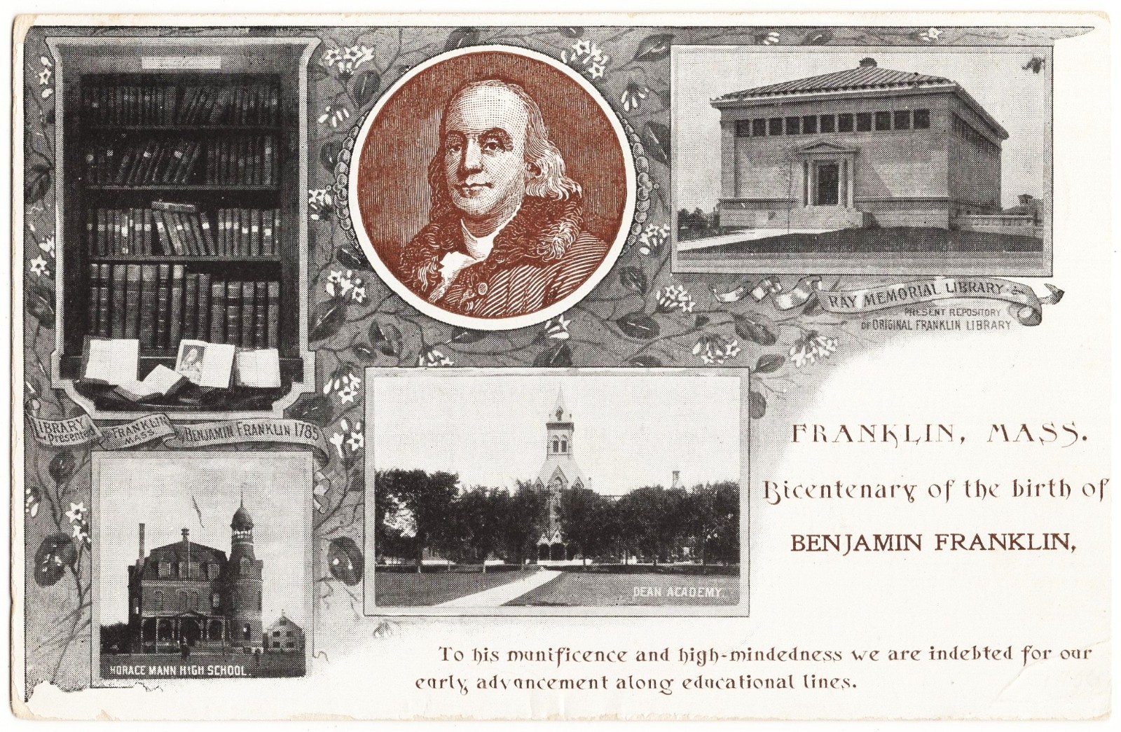 Franklin MA - Bicentenary Of The Birth Benjamin Franklin m. 1906 antique pc Franklin MA - Bicentenary Of The Birth Benjamin Franklin m. 1906 antique pc