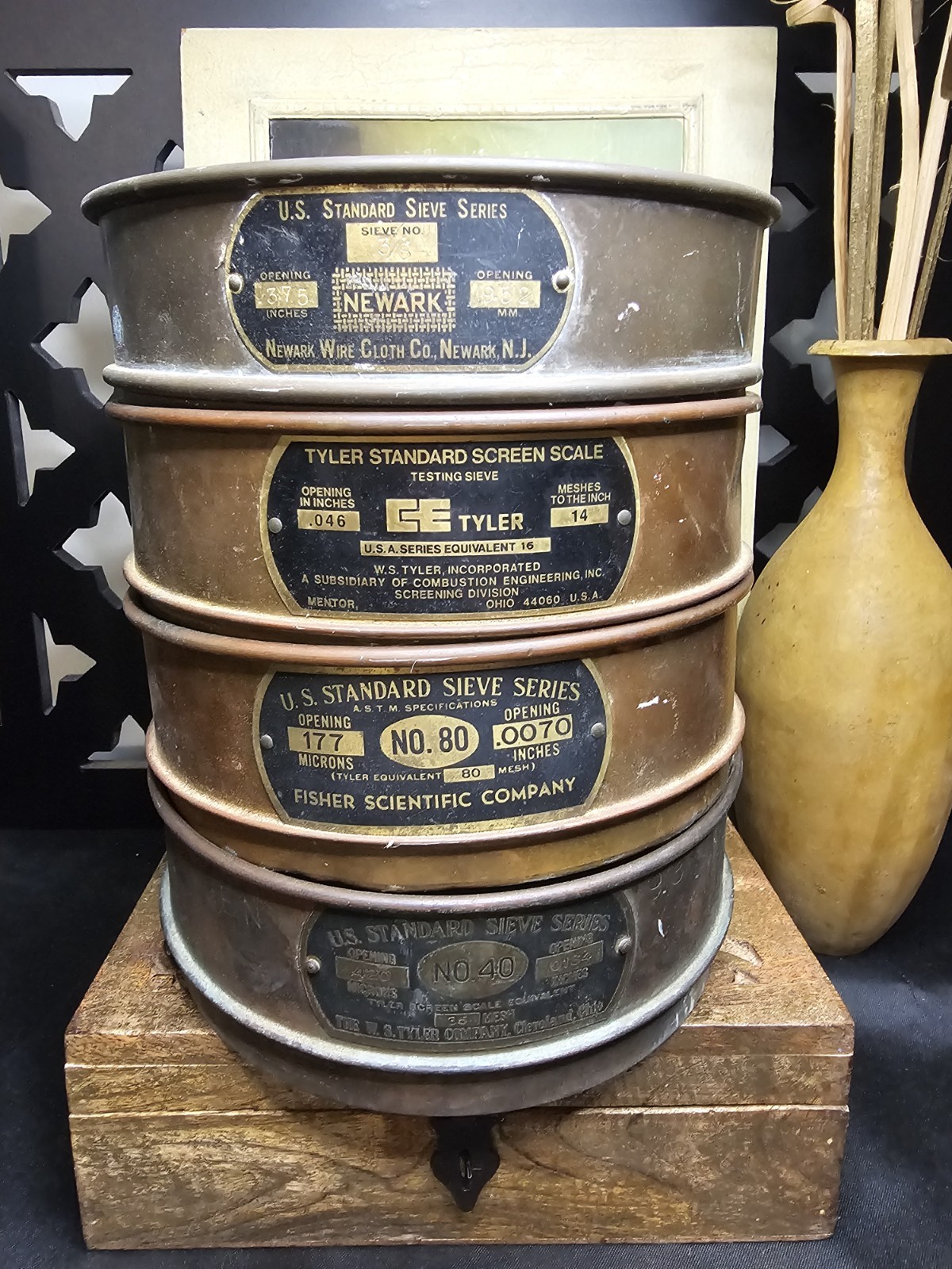 Lot of 4 Vintage Brass Testing Sieves Sifters Tyler Newark Fisher Gold Panning