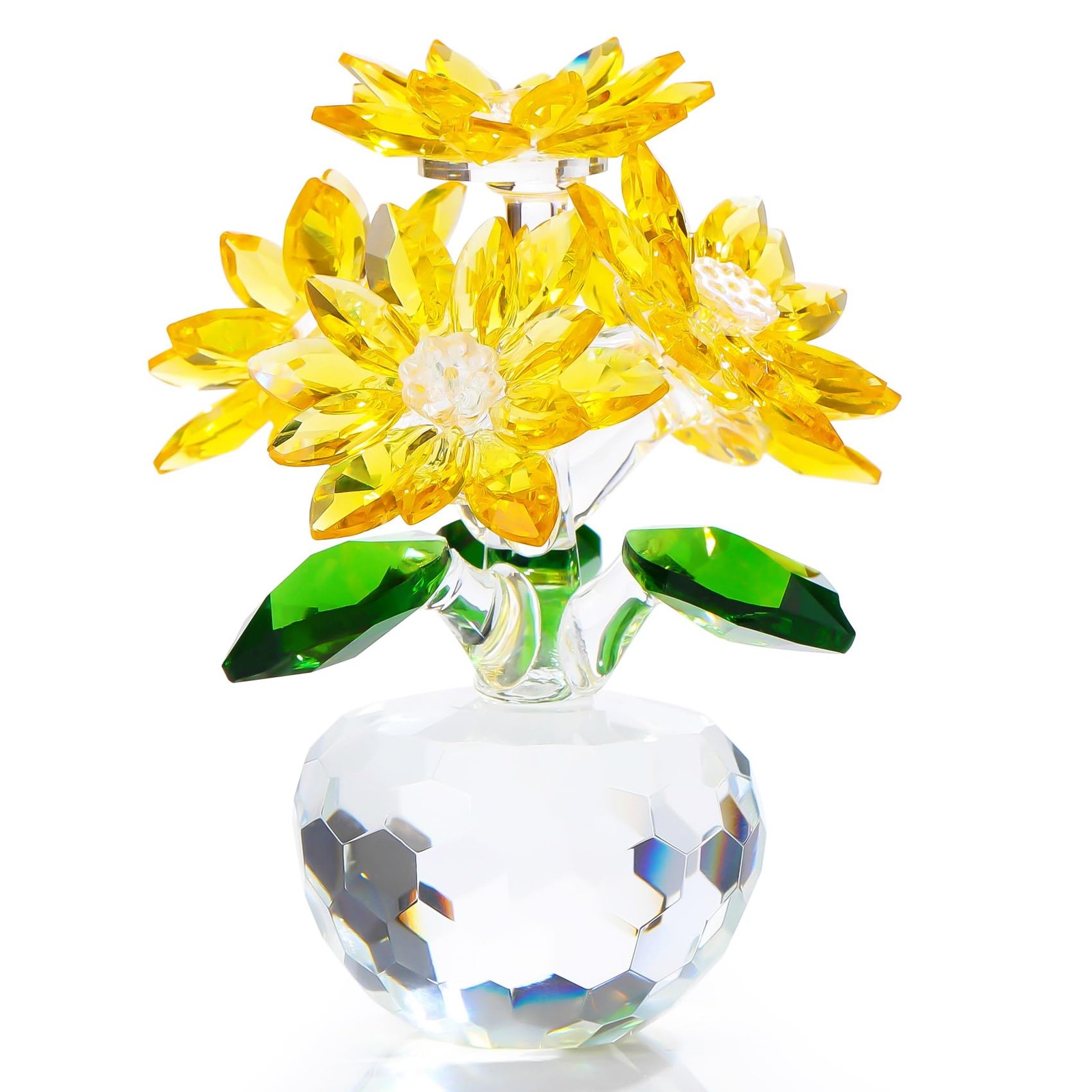 YWHL Handmade Yellow Crystal Flower Figurine with Base