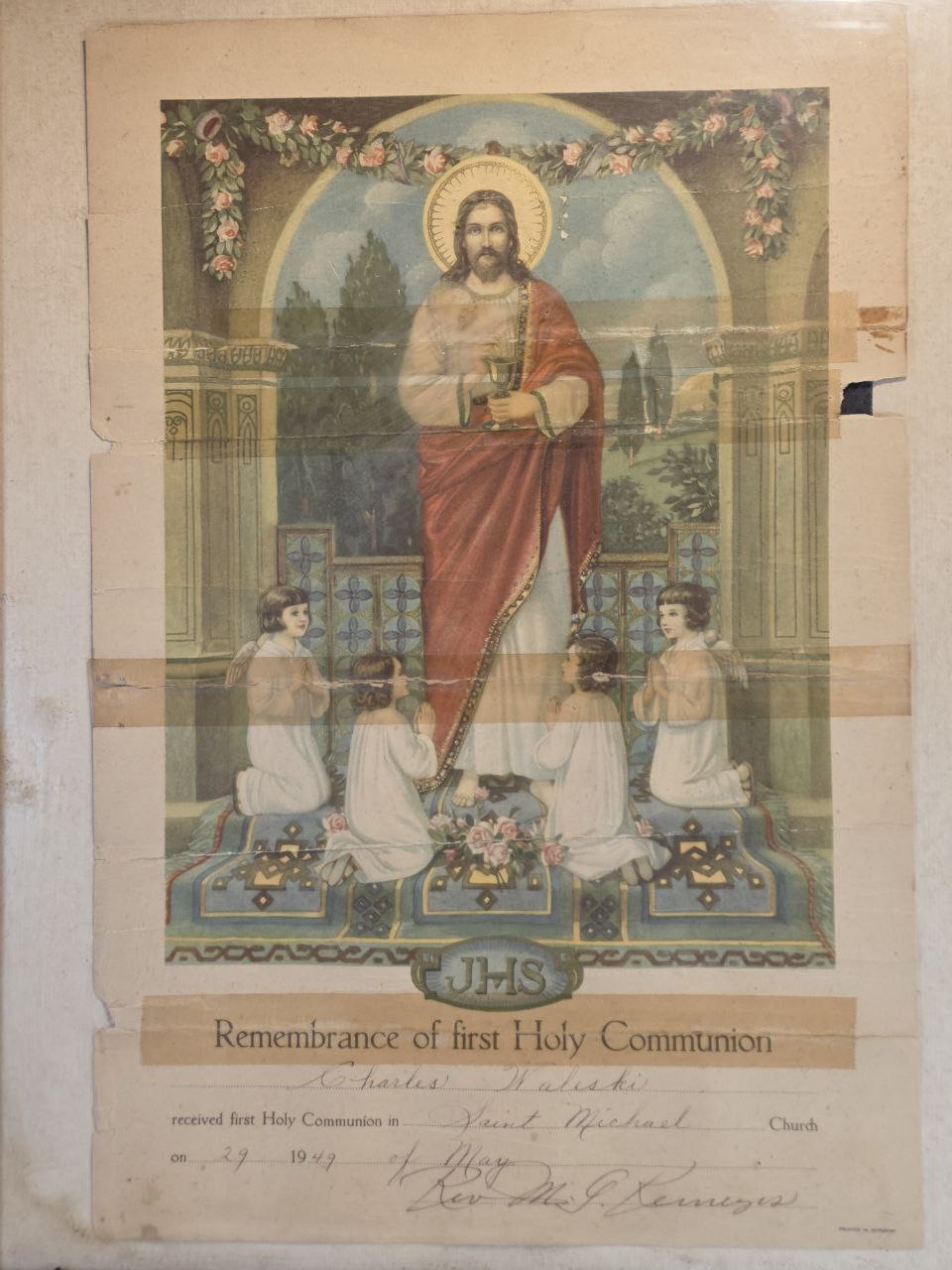 First Holy Communion 1949 Certificate Print Jesus Children St Michael 008675