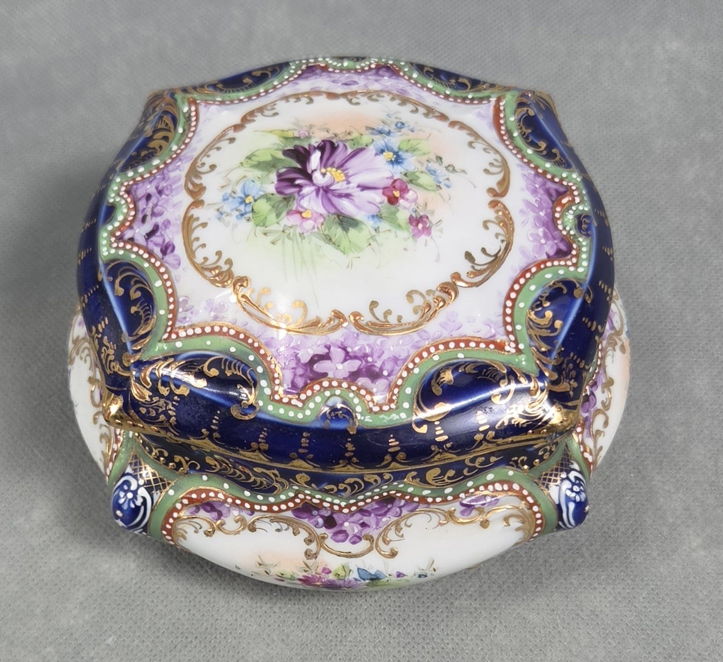 Vintage COBALT FLORAL Ceramic HAND PAINTED Goldtone TRINKET BOX