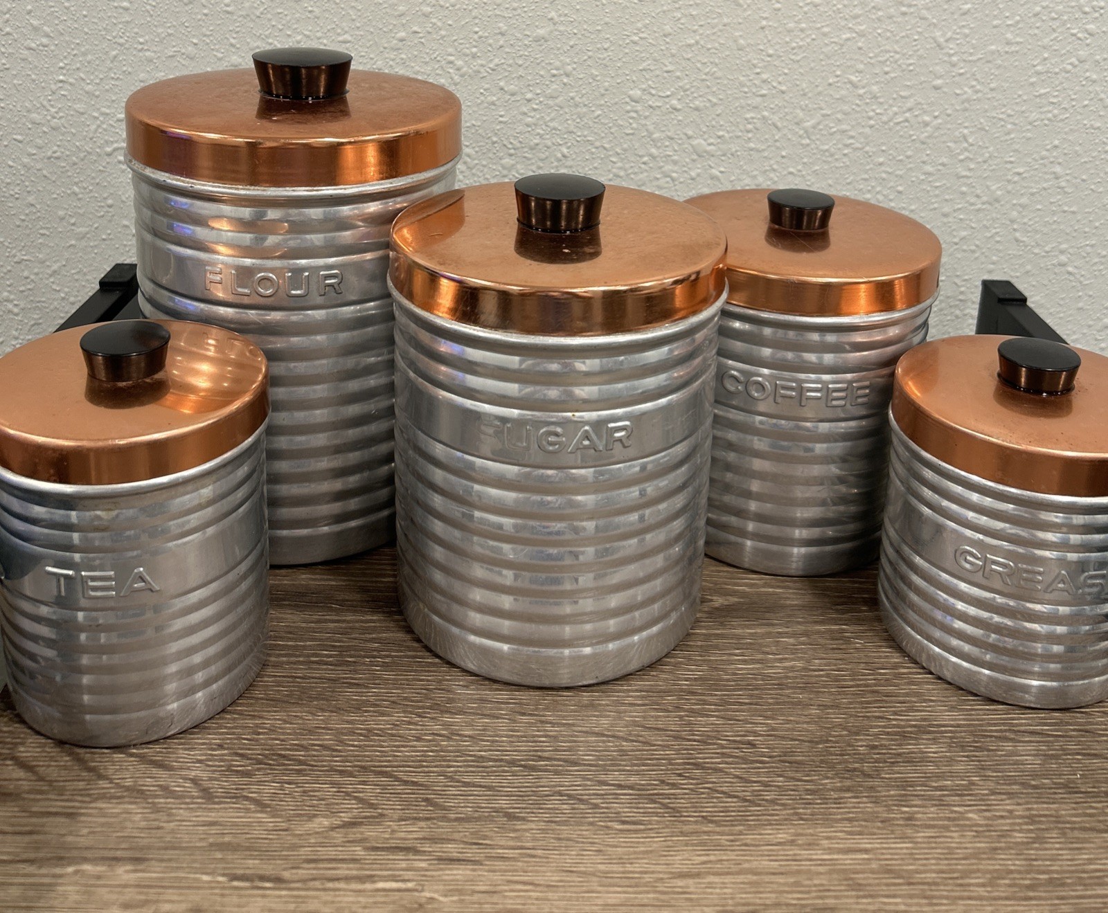 Vintage Mid Century Nasco Italy 5-Piece Canister Set Copper Lids MCM