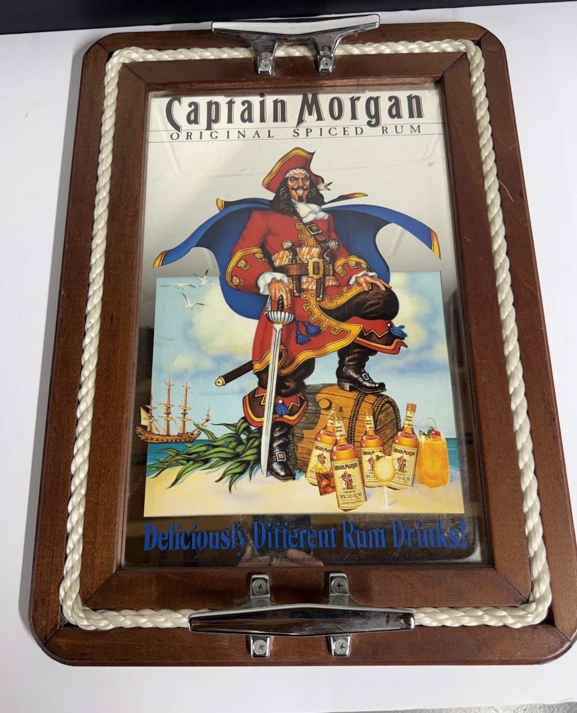 Vintage Capitan Morgan Spiced Rum Bar Mirror Tray Sign Nautical Rope Dock Cleat Vintage Capitan Morgan Spiced Rum Bar Mirror Tray Sign Nautical Rope Dock Cleat