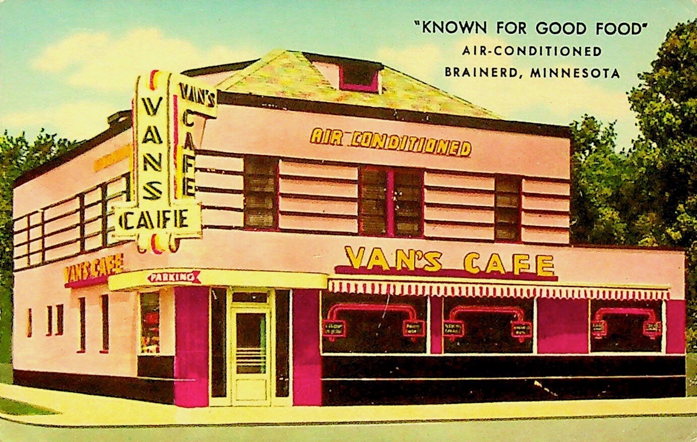 VINTAGE VAN'S CAFE POSTCARD BRAINERD MINNESOTA AIR-CONDITIONED - POSTCARD