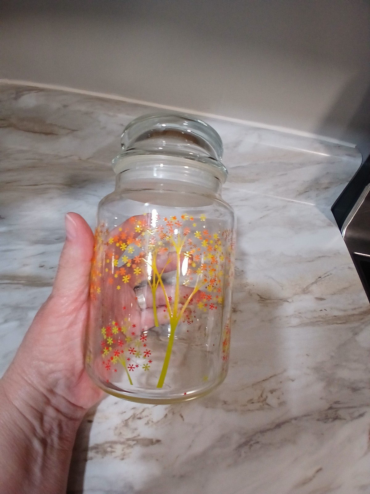 VTG 1970s ANCHOR HOCKING GLASS FLORAL BLOOMING TREES CANISTER 9 1/8\