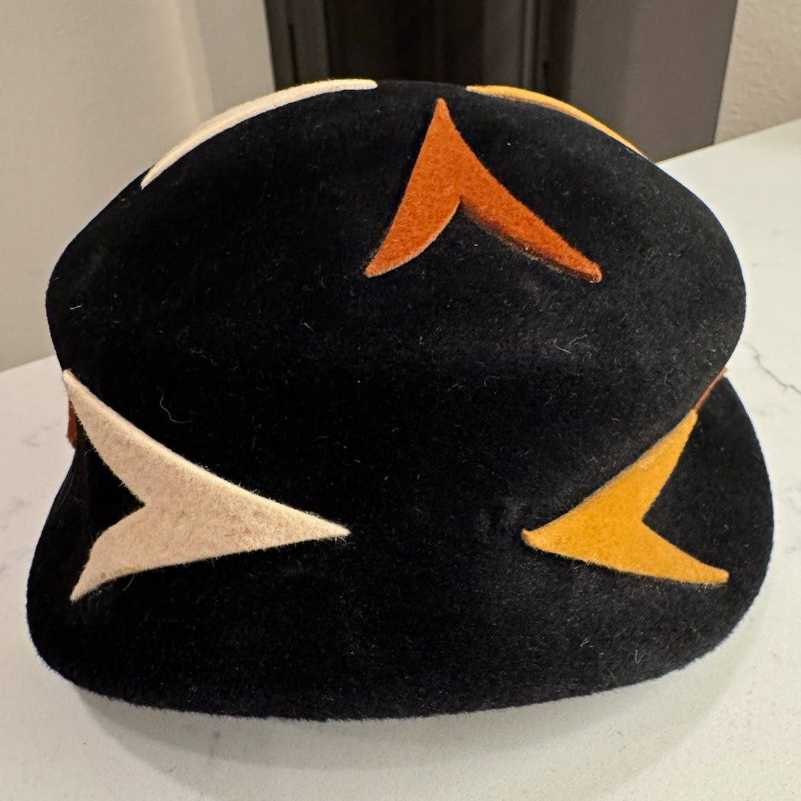 Vintage Black Felt Mod Hat Geometric Orange Ivory Appliqué Sculptural No Label