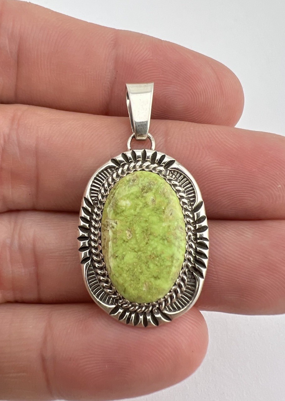 Vtg Will Denetdale Navajo Sterling Silver Natural Gaspeite Stamped Pendant 1.5\