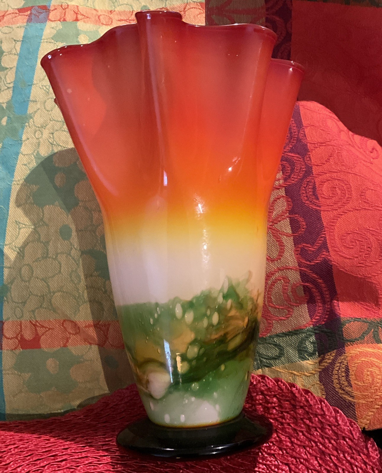 Vtg 12.5” Murano Style Orange Foot Freeform Handkerchief Vase Glass Hand Blown