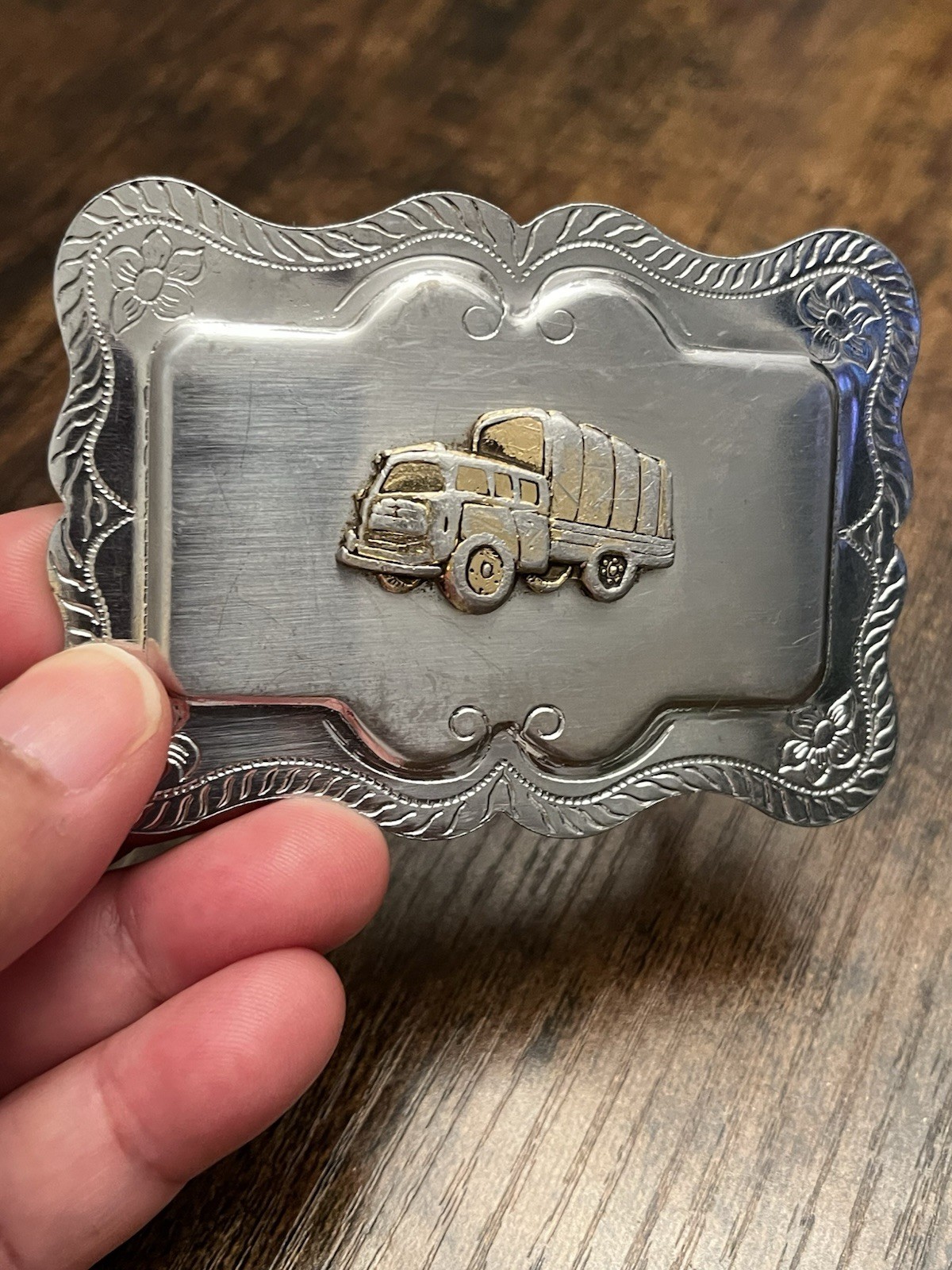 Vintage Silver Belt Buckle 50s 60s Japan Big Gold Truck 3D Curved Border Flowers Vintage Silver Belt Buckle 50s 60s Japan Big Gold Truck 3D Curved Border Flowers