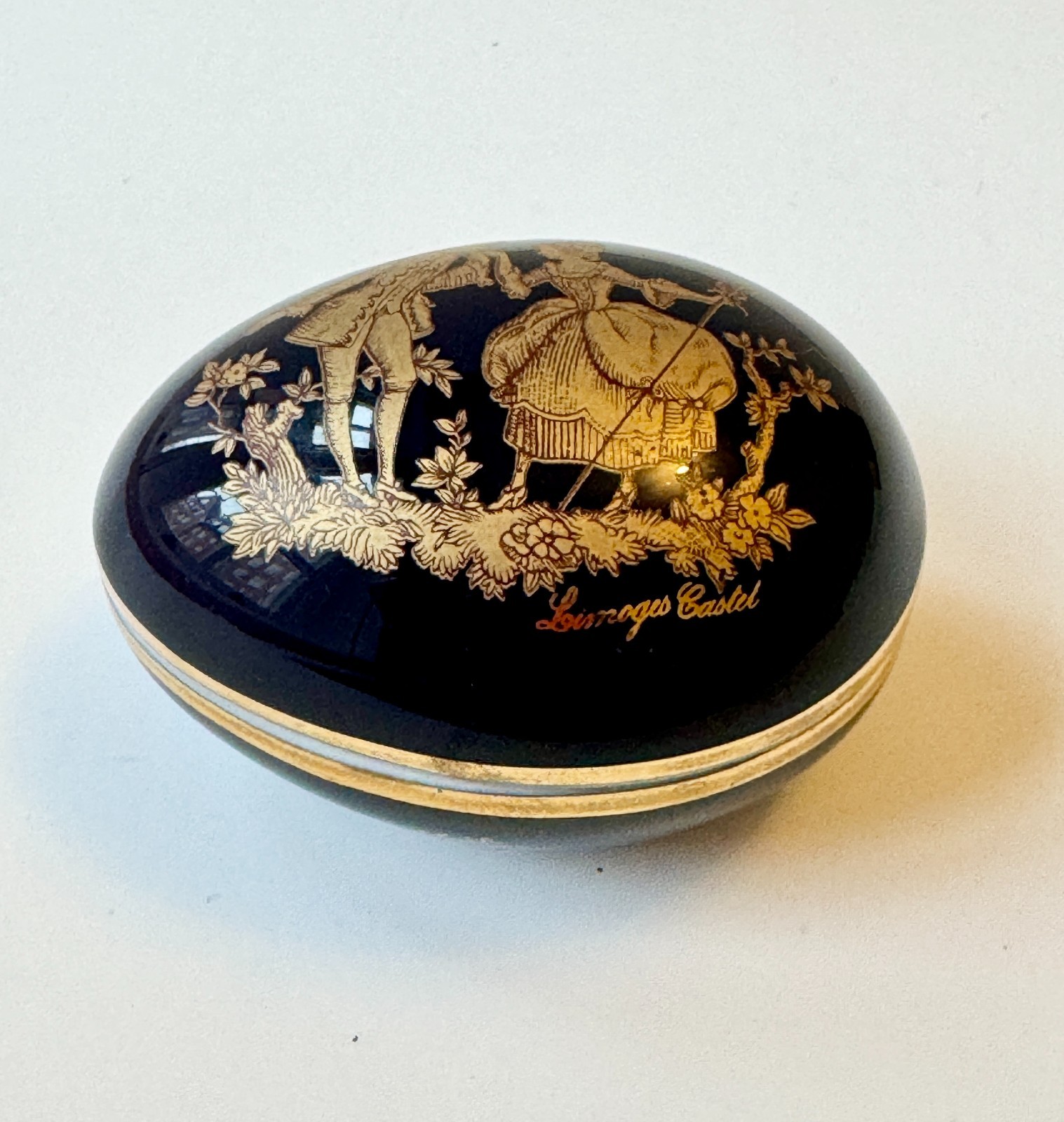 Vintage Limoges Castel Egg Shaped Trinket Box Blue & Gold Couple - Easter Gift 