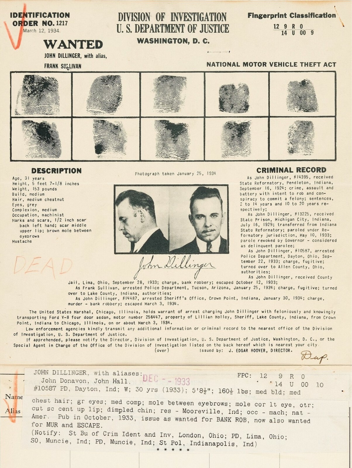 1934 John Dillinger US DOJ Wanted Poster NEW Metal Sign: Public Enemy Number 1