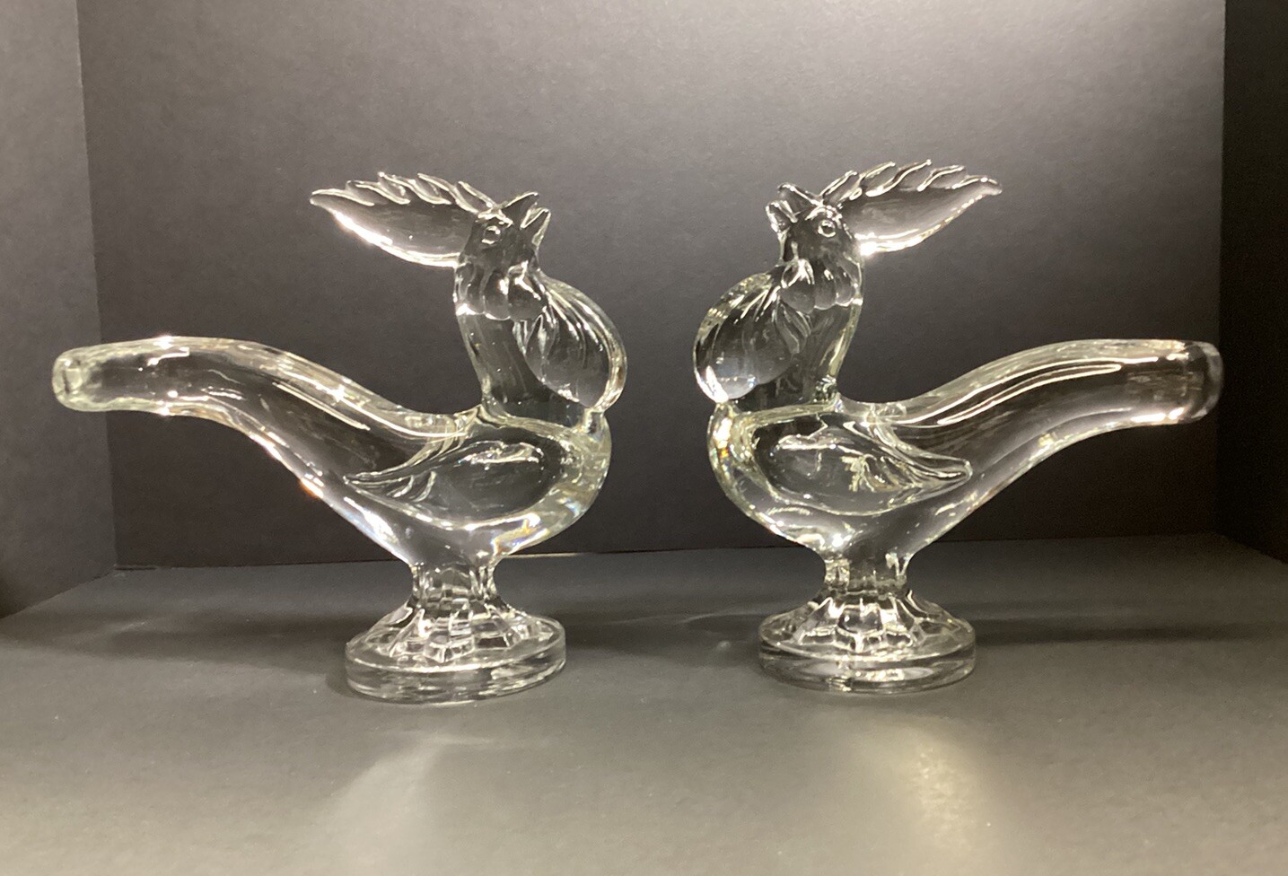 2 VTG by New Martinsville #668 clear glass Animal roosters bookends figurines 2 VTG by New Martinsville #668 clear glass Animal roosters bookends figurines