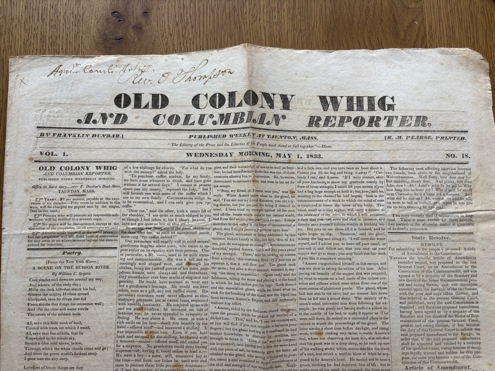 1833 ORIG TAUNTON MA. OLD COLONY WHIG & COLUMBIAN REPORTER WILLIAM CULLEN BRYANT