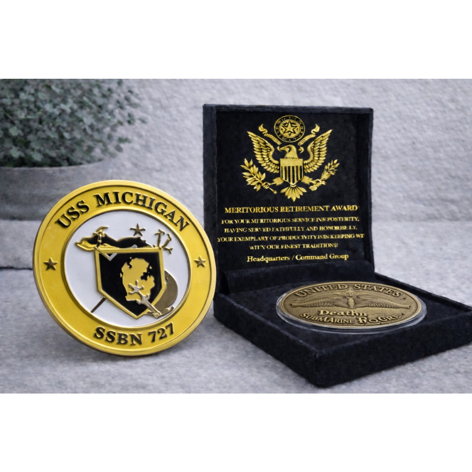 Rare USS Michigan SSBN 727 Submarine Challenge Coin USN w/ Retirement Award