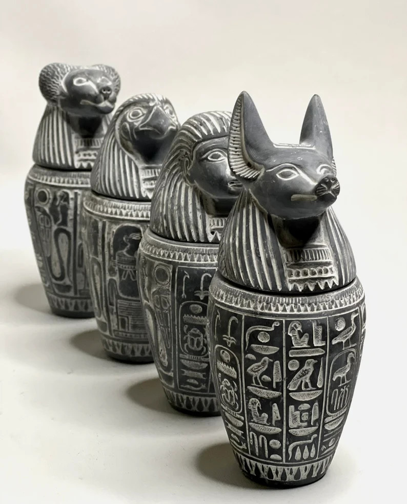 Authentic Ancient Egyptian Antiquities 4 Canopic Jars with With Hieroglyphics BC Authentic Ancient Egyptian Antiquities 4 Canopic Jars with With Hieroglyphics BC