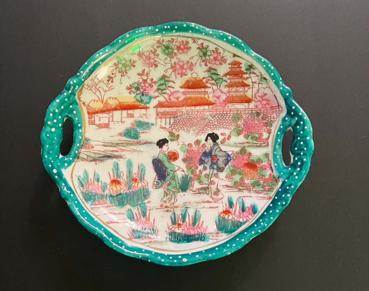 Vtg Hand-Painted Japanese Vanity Dish, Teal Green Moriage Border Porcelain Tray
