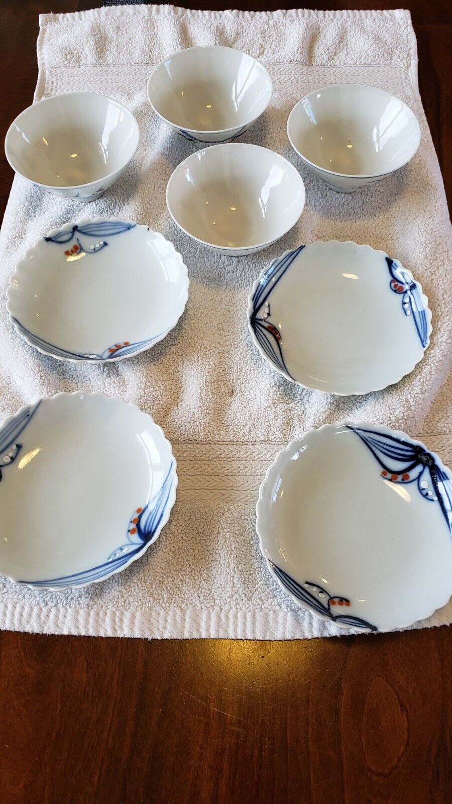 Four Vtg Footed Porcelain Japanese Rice Bowls textured handmade with four plates