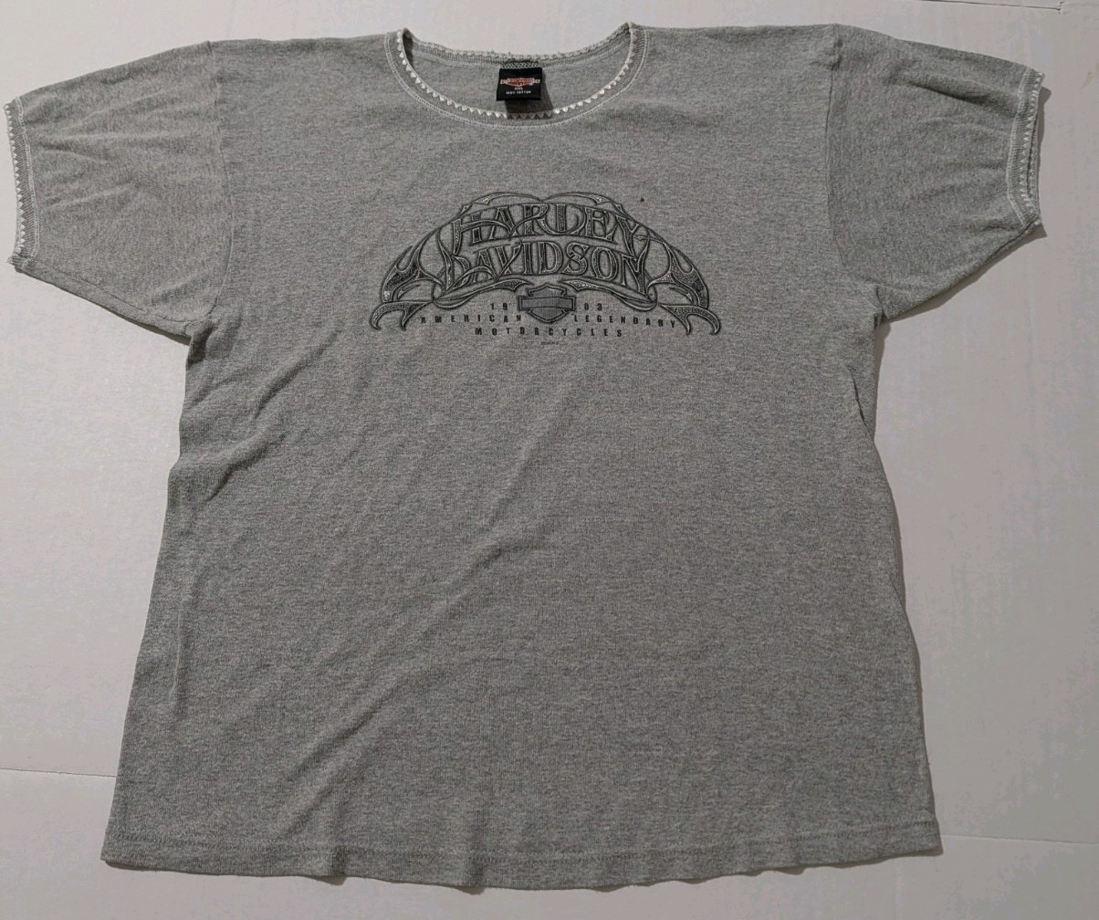 Vintage Y2K Harley Davidson Shirt XXL Grey Lettuce Edge Dolman Sleeve 2002 Vintage Y2K Harley Davidson Shirt XXL Grey Lettuce Edge Dolman Sleeve 2002