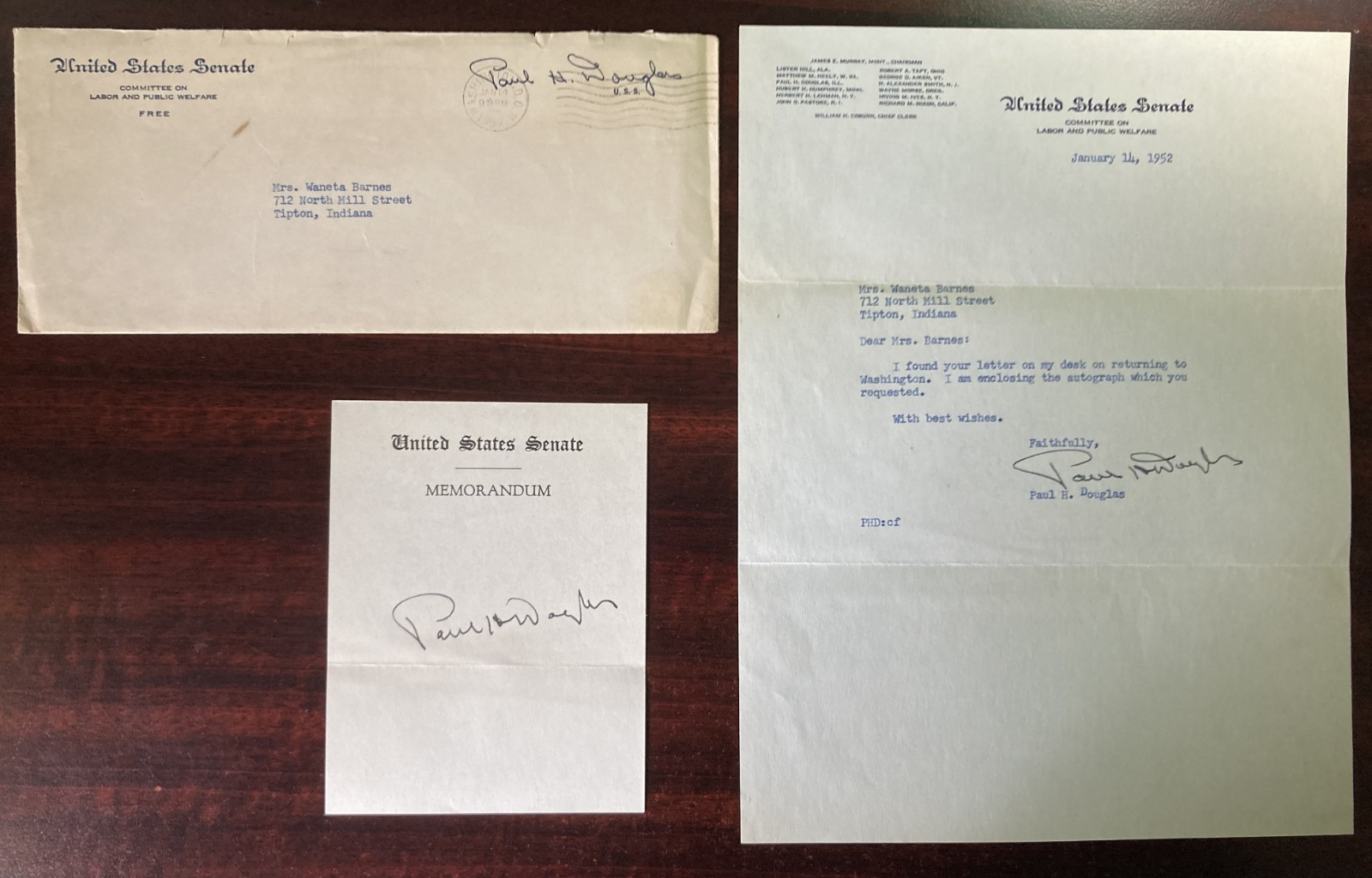 PAUL H. DOUGLAS-*Signature, TLS, envelope*-U.S. Senate-1952-(3) item lot-Scarce PAUL H. DOUGLAS-*Signature, TLS, envelope*-U.S. Senate-1952-(3) item lot-Scarce