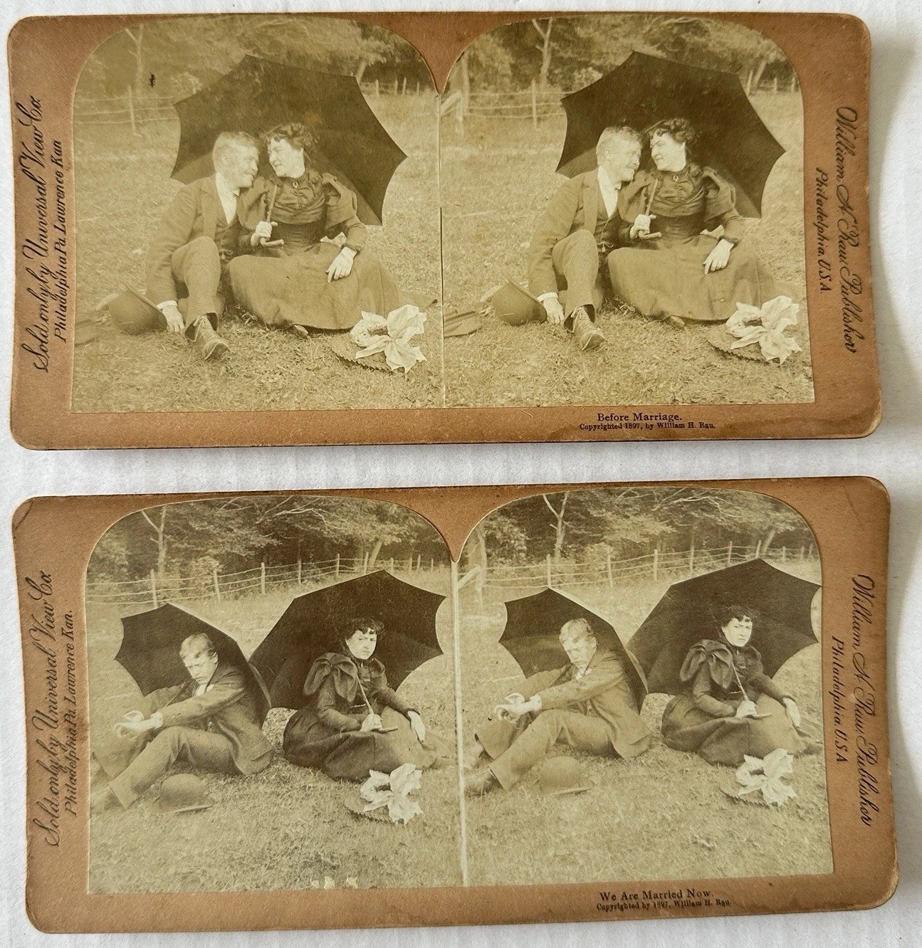 1897 William H Rau Stereoview Cards Before Marriage We Are Married Now