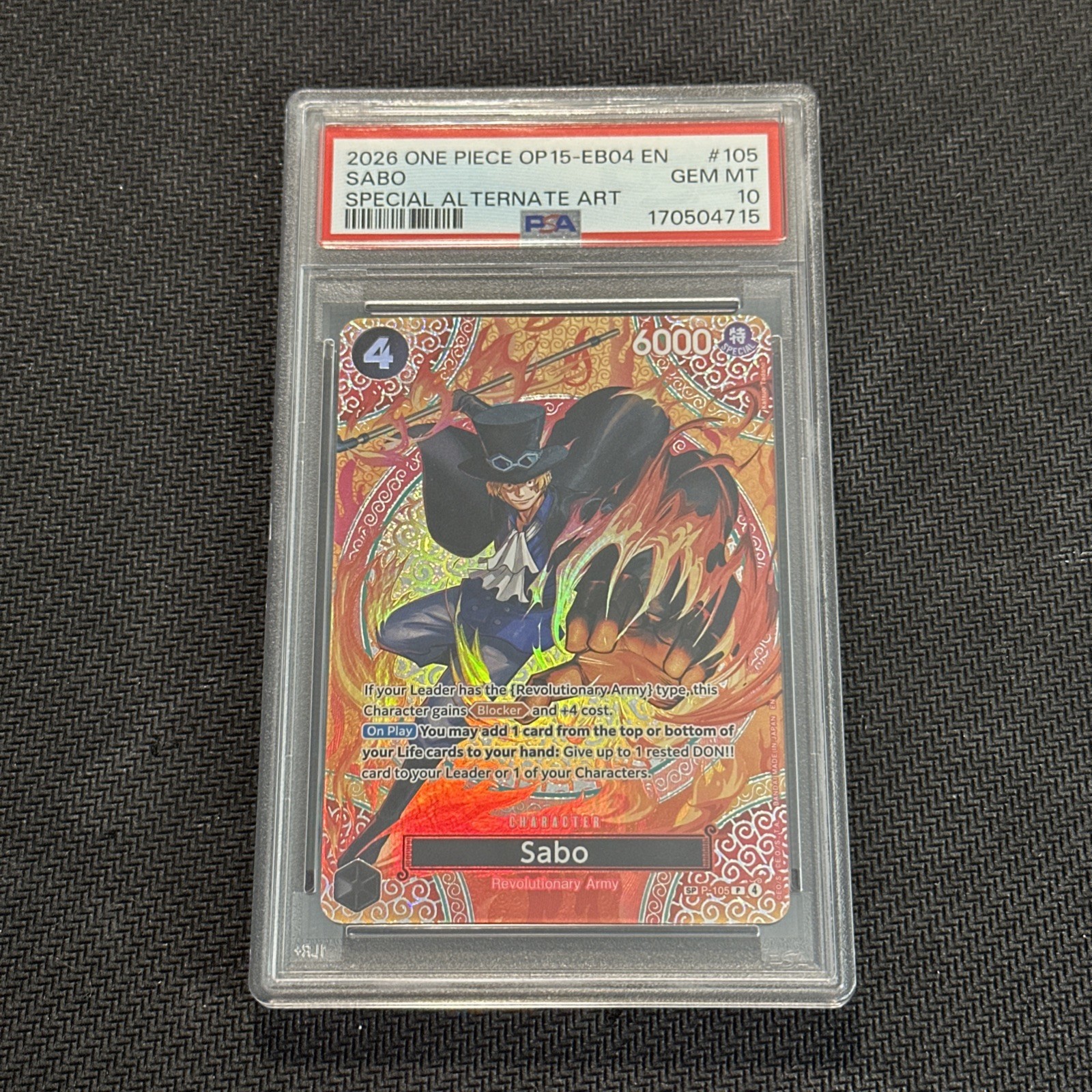 2026 ONE PIECE OP15-EB04-ADVENTURE ON KAMI\'S ISLAND #105 SABO PSA 10 Gem Mint 2026 ONE PIECE OP15-EB04-ADVENTURE ON KAMI\'S ISLAND #105 SABO PSA 10 Gem Mint