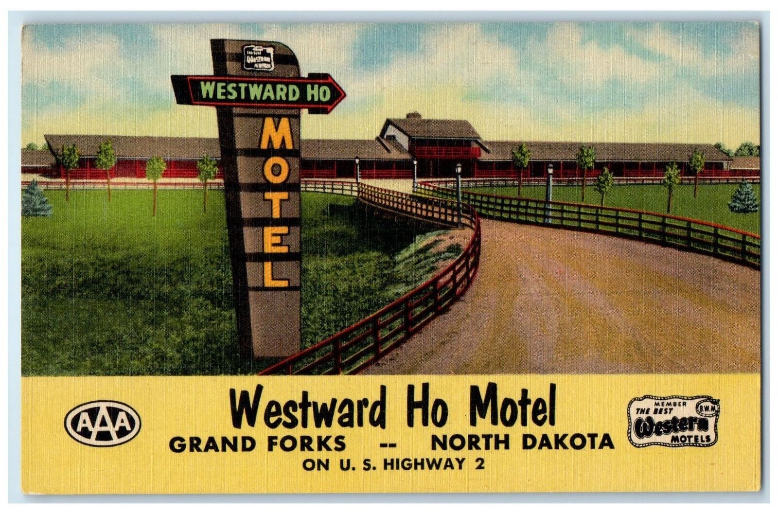 c1940\'s Westward Ho Motel Grand Exterior Roadside Forks North Dakota ND Postcard
