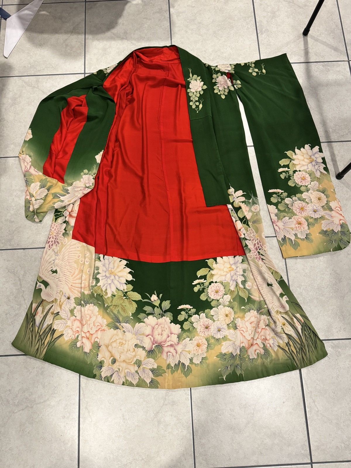 Vintage Japanese Kimono Robe Green Floral Bird Red Lined 62\