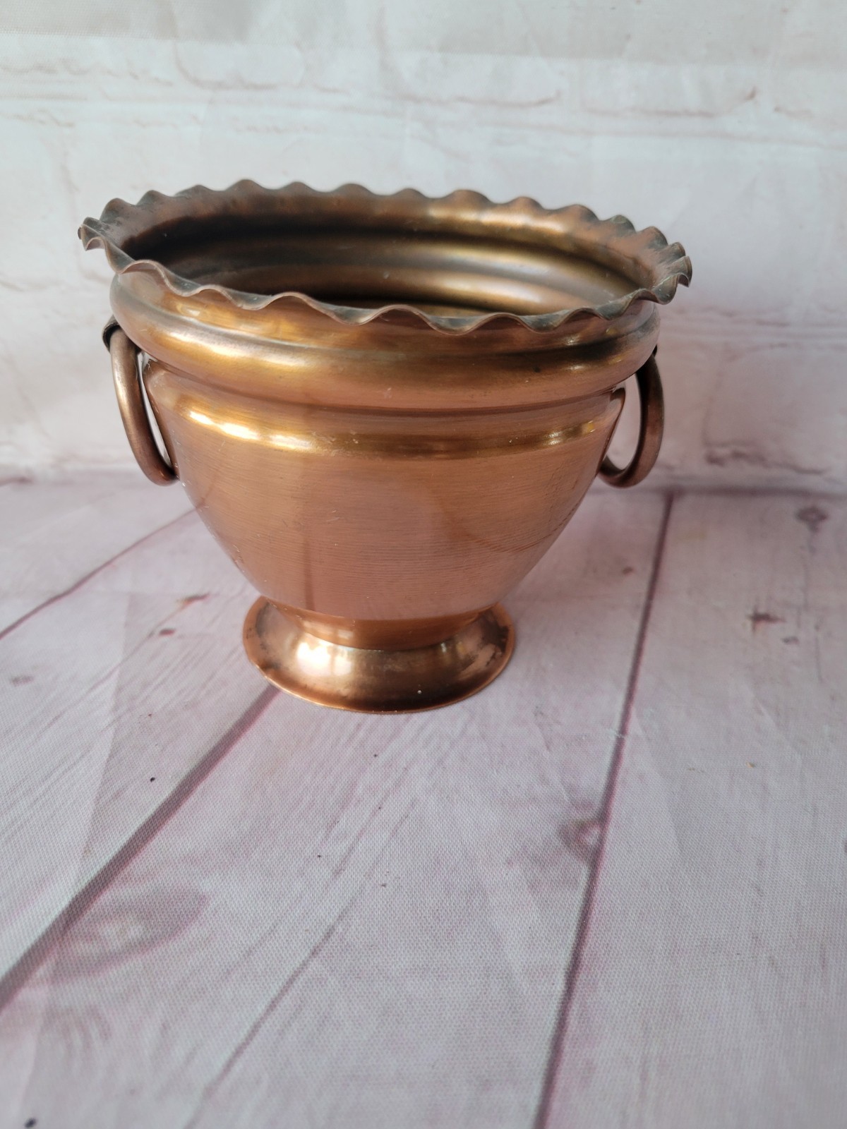 Vintage Gregorian Copper Planter Urn Ruffled Rim Ring Handles MCM Pedestal