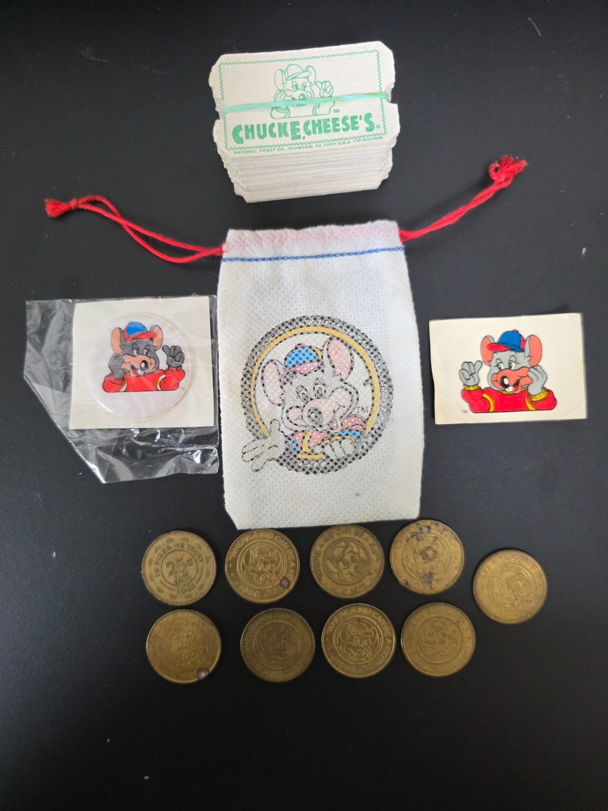 Vintage Chuck E. Cheese Lot Tokens Pin Sticker Drawstring Bag Tickets Arcade Vintage Chuck E. Cheese Lot Tokens Pin Sticker Drawstring Bag Tickets Arcade