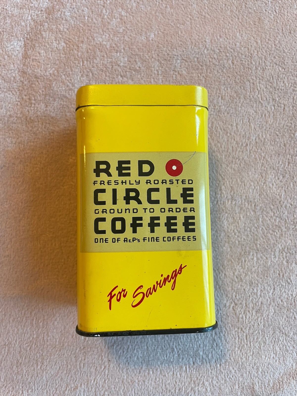 Vintage Red Circle Coffee Collectible Metal Tin Can Coin Bank 4.5” Yellow