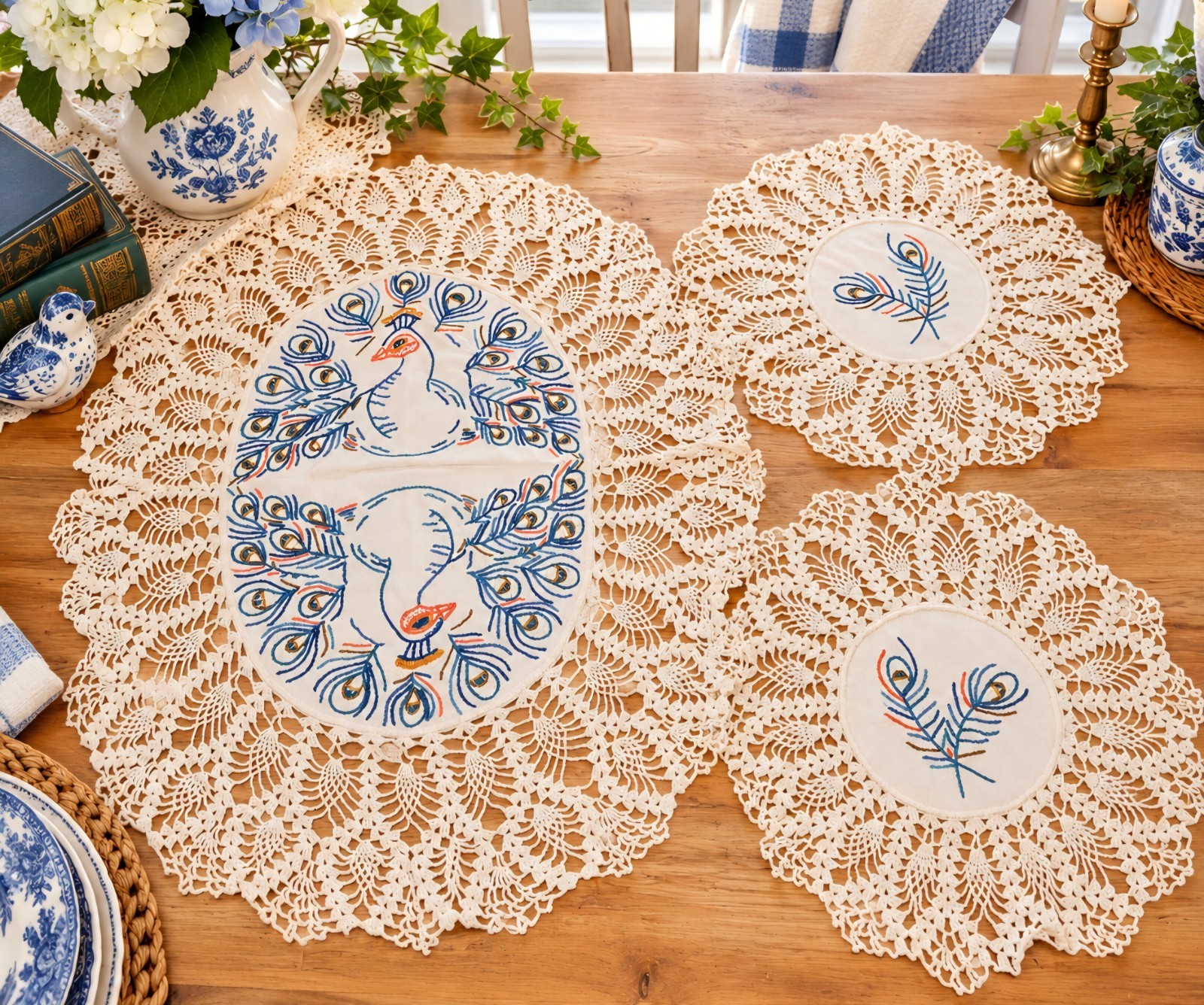 Vtg 1950–1954 Handmade Crochet & Hand-Embroidered Peacock 3-Piece Doily Set Vtg 1950–1954 Handmade Crochet & Hand-Embroidered Peacock 3-Piece Doily Set