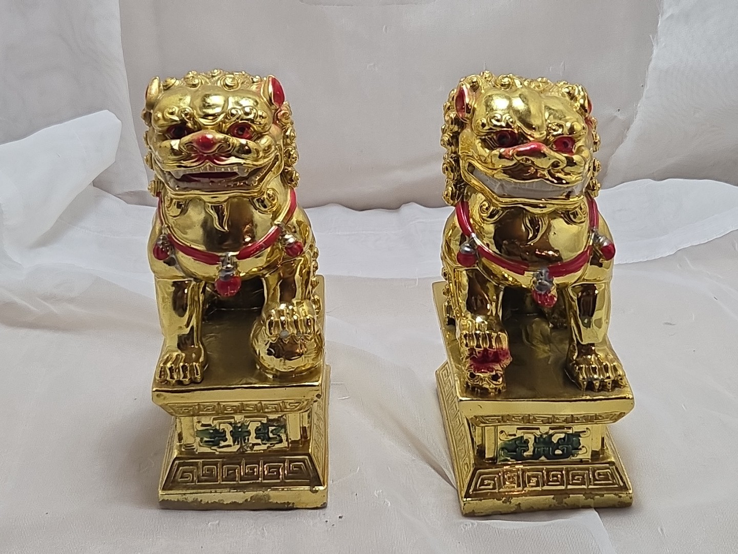 Vtg Pair Chinese Guardian Foo Dogs, gold plated possibly bronze heavy 7\